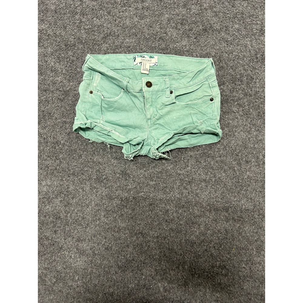 Forever 21 Shorts Womens Size 24 Green Distressed Raw Hem Low Rise Denim Mini
